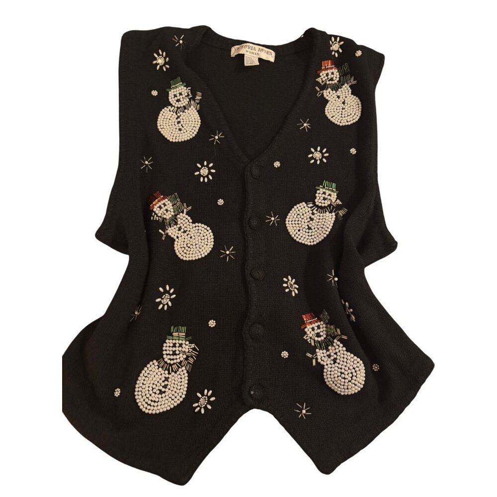 Vintage Victoria Jones Woman Black Holiday Snowman Beaded Knit Vest 2X